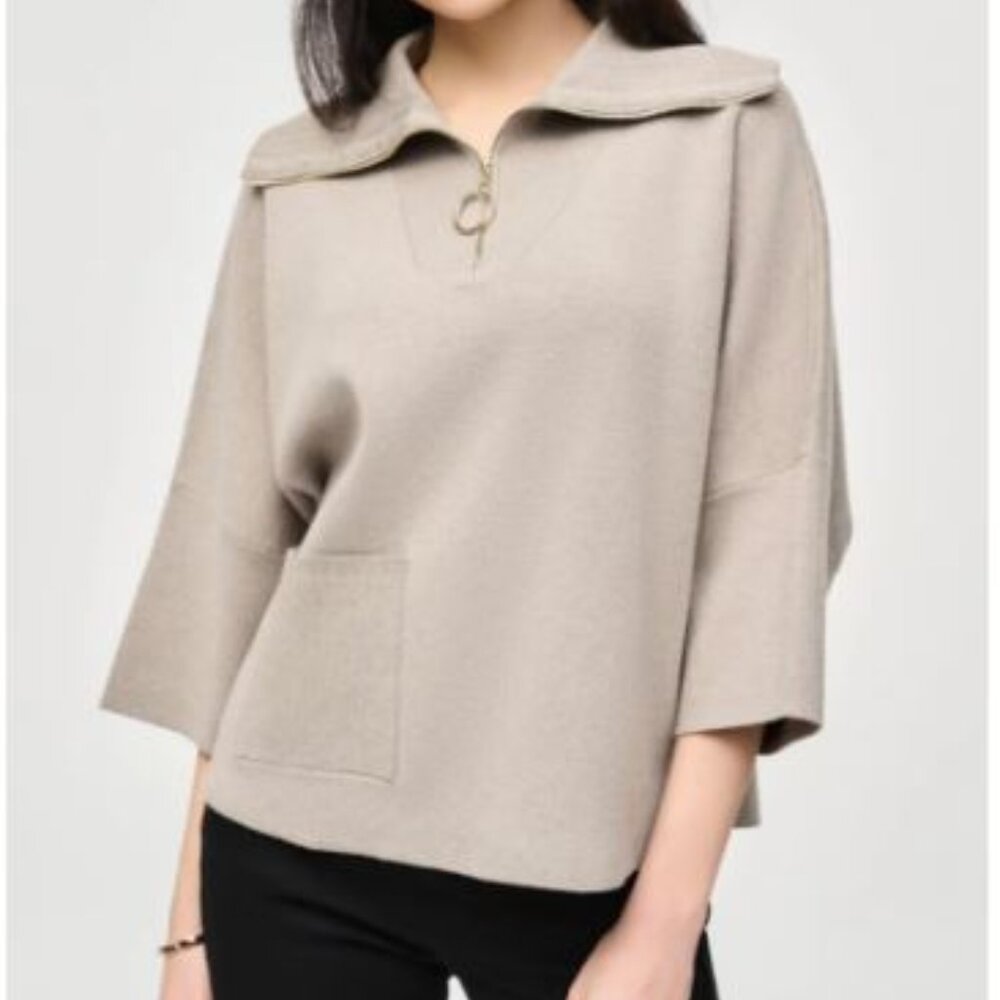 Joseph Ribkoff Jacquard Zipped Collar Sweater, 3/4 Bell Sleeve - Womens Small